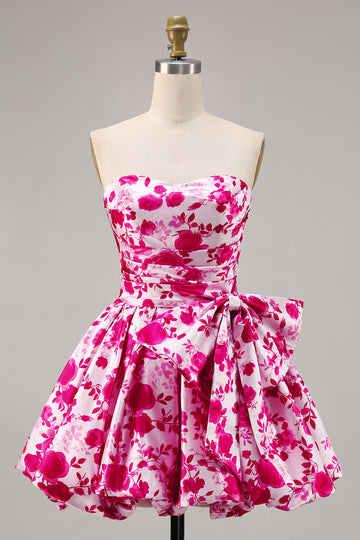 Floral Fucsia Strapless A Line Vestido de regreso a casa con lazo